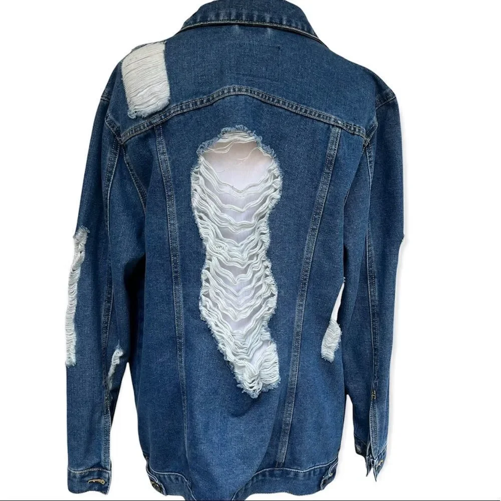 Boom Boom Jeans Medium Wash Destroyed Trucker Style Denim Jacket XL